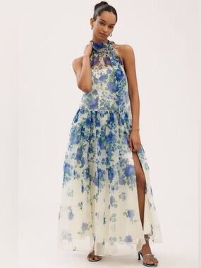 BHLDN Kendall High-Neck Scarf Floral Organza Maxi Dress
